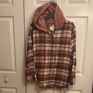 American Eagle Plaid Hooded Flannel Shirt in Brown and Cream